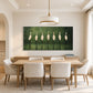 Heron Assembly artwork displayed above a dining table.