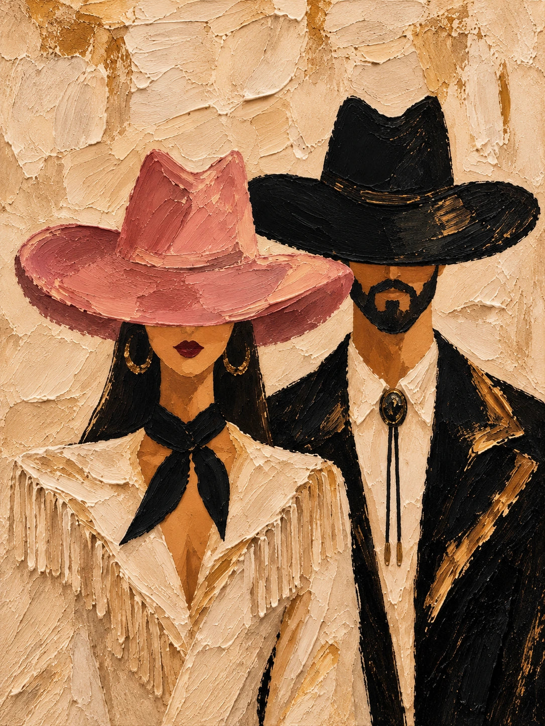 Rosehat Companions full artwork. A cowgirl in a dusty rose hat stands beside a cowboy dressed in black against a warm, textured ivory ground.