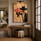 Rosehat Companions artwork displayed above a wood console beneath a picture light.
