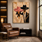Rosehat Companions artwork displayed beside a brown leather armchair and illuminated shelves.