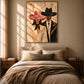 Rosehat Companions artwork displayed above a bed in a warm neutral bedroom.