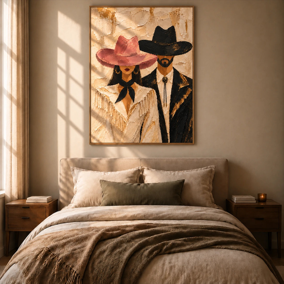 Rosehat Companions artwork displayed above a bed in a warm neutral bedroom.