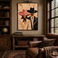 Rosehat Companions artwork displayed above a wood desk beside bookshelves and a leather chair.
