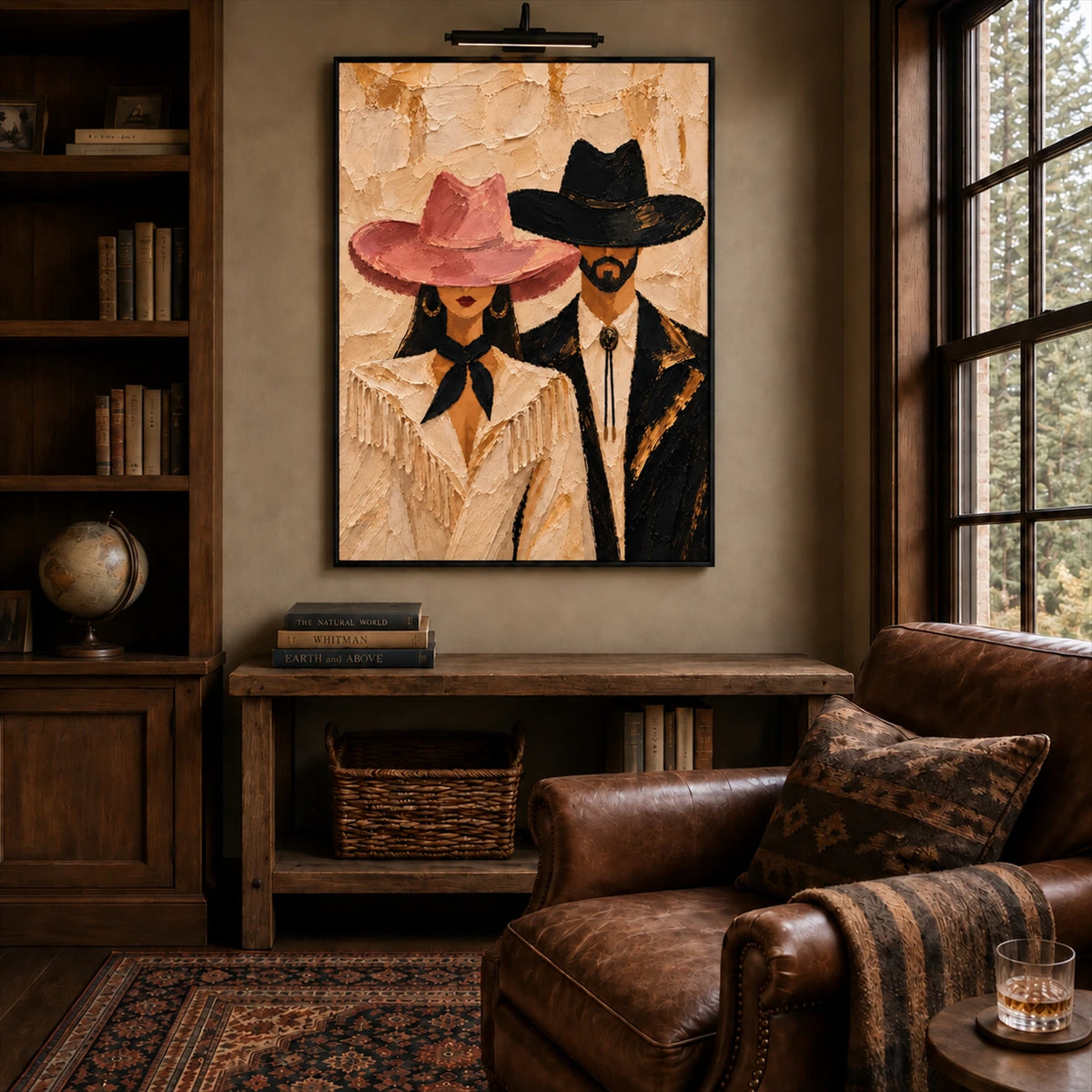 Rosehat Companions artwork displayed above a wood desk beside bookshelves and a leather chair.
