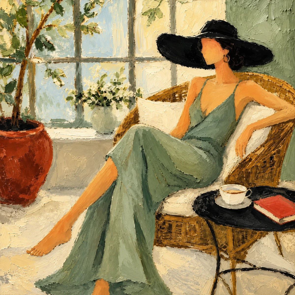 Sage Siesta full artwork. A woman in a flowing sage dress and wide black hat relaxes beside a sunlit window.