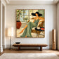 Sage Siesta artwork displayed above a wood bench in a bright paneled interior.