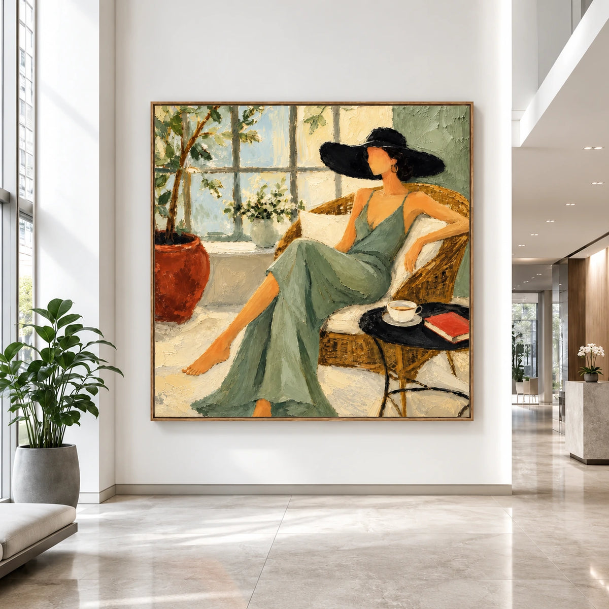 Sage Siesta artwork displayed on a large wall in a bright modern hallway.
