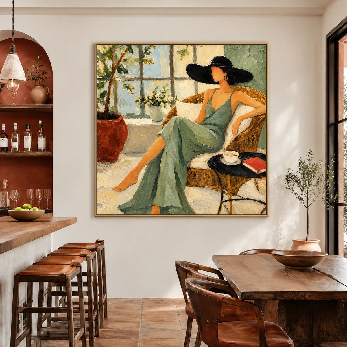 Sage Siesta artwork displayed beside a dining table and kitchen counter.