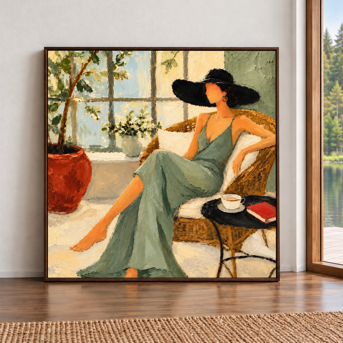 Sage Siesta artwork displayed leaning on a wood floor beside a tall window.