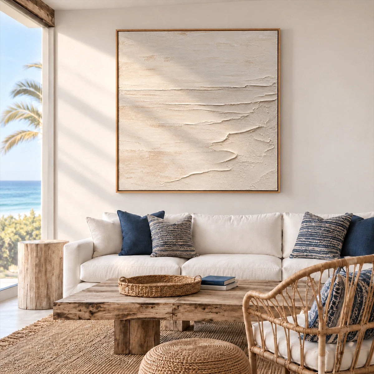 Quiet Foreshore artwork displayed above a cream sofa in a bright coastal living room.