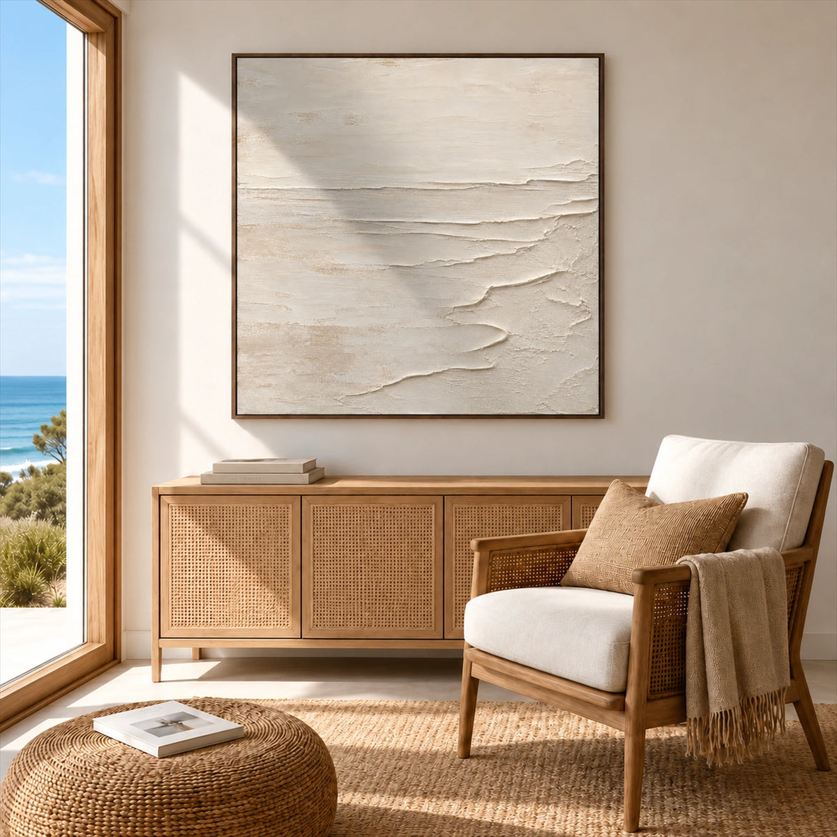 Quiet Foreshore artwork displayed above a wood sideboard beside a woven armchair.