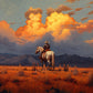 Amber Outrider full artwork. A solitary rider on a pale horse pauses in an amber prairie beneath glowing orange clouds.