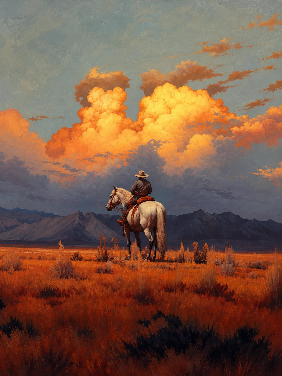 Amber Outrider full artwork. A solitary rider on a pale horse pauses in an amber prairie beneath glowing orange clouds.