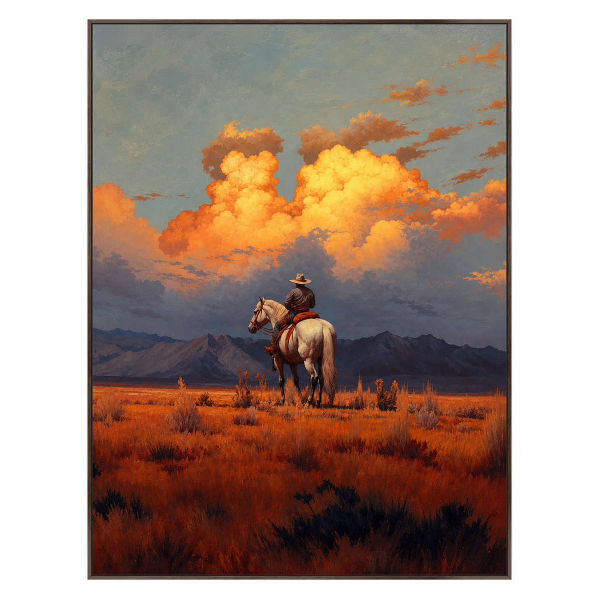 Amber Outrider artwork in a dark wood frame on a transparent background.