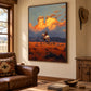 Amber Outrider artwork displayed beside a brown leather sofa in a rustic living room.