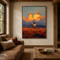 Amber Outrider artwork displayed above a brown leather sofa and rustic wood coffee table.