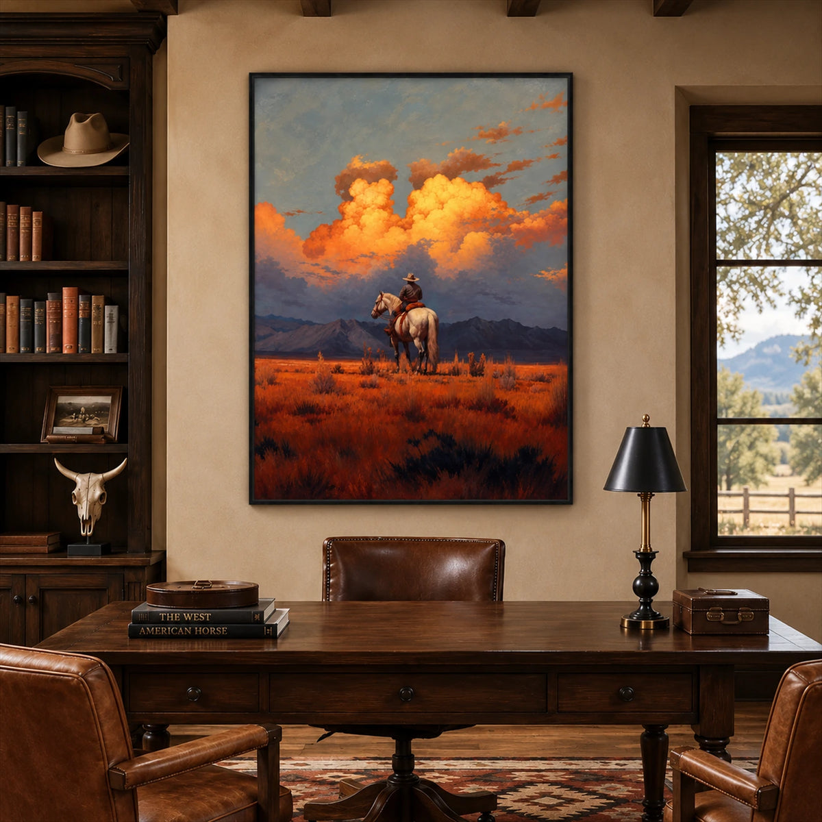 Amber Outrider artwork displayed above a wood desk between bookshelves and a window.
