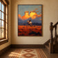 Amber Outrider artwork displayed beside a staircase in a warm wood-trimmed hallway.