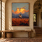 Amber Outrider artwork displayed above a rustic bench in an arched hallway.