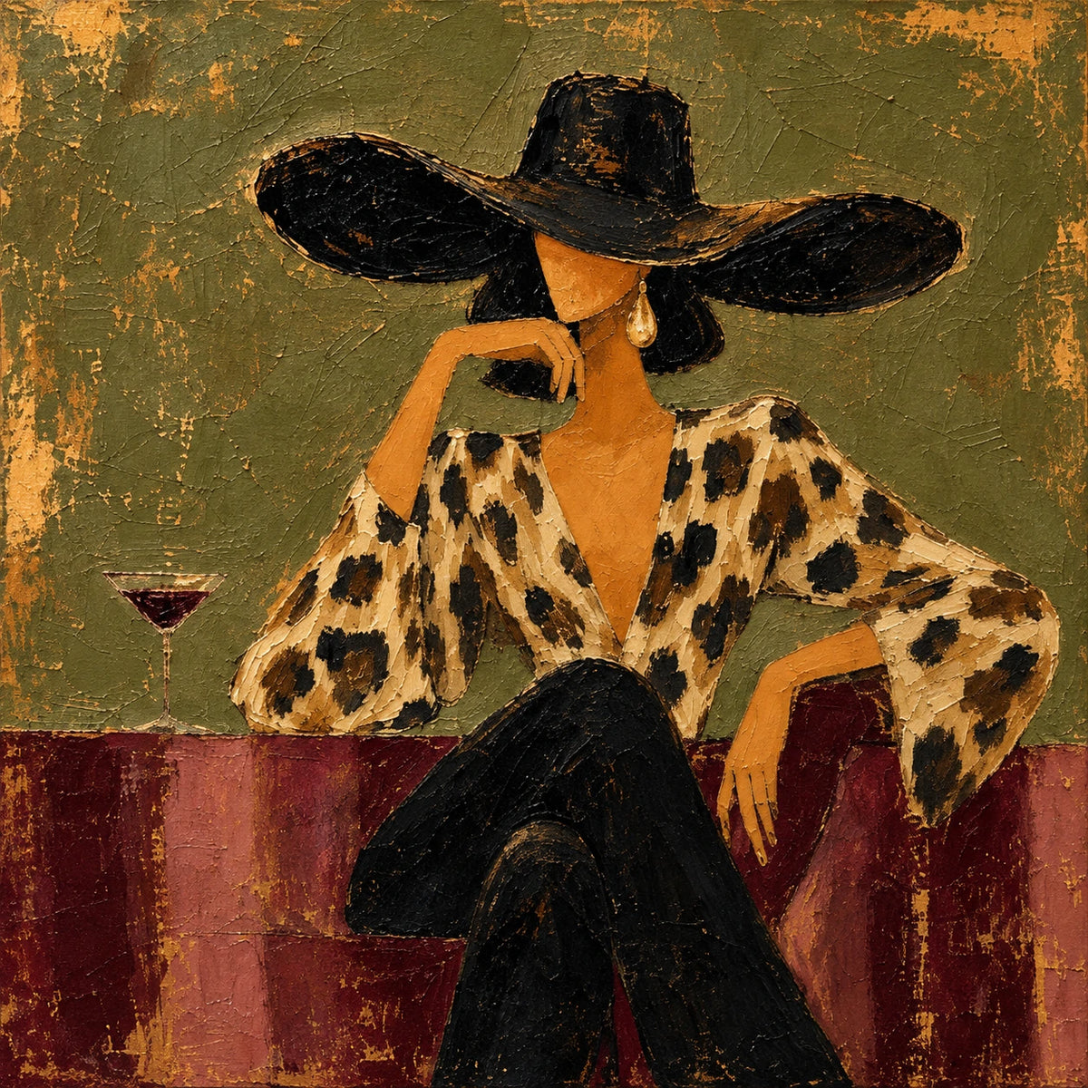 Leopard Reverie full artwork. A seated woman in a wide black cowboy hat pairs a leopard-print blouse with dark trousers.