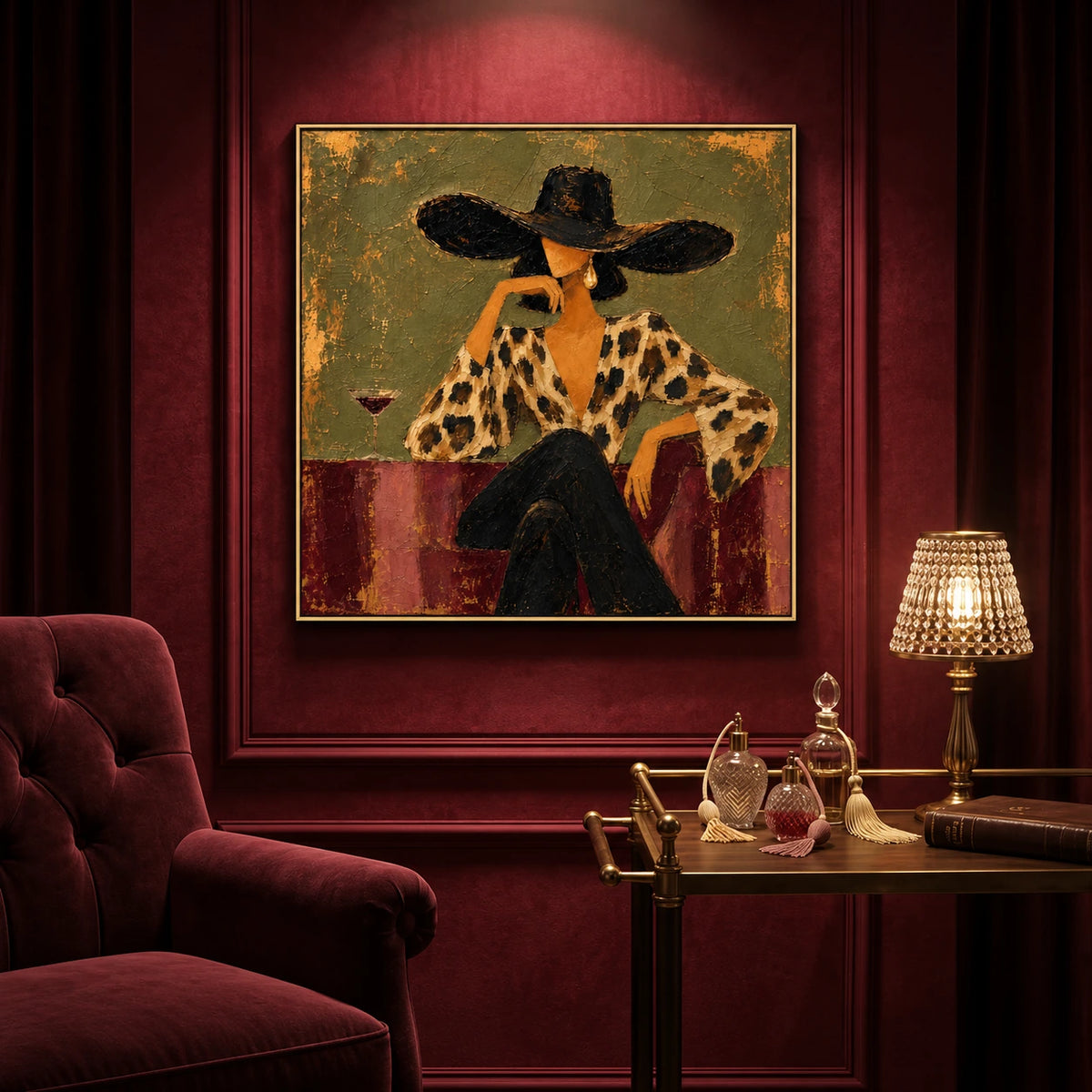 Leopard Reverie artwork displayed beside a burgundy armchair and a drinks table.