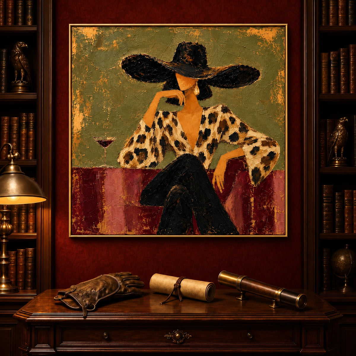 Leopard Reverie artwork displayed above a wood desk between bookcases.