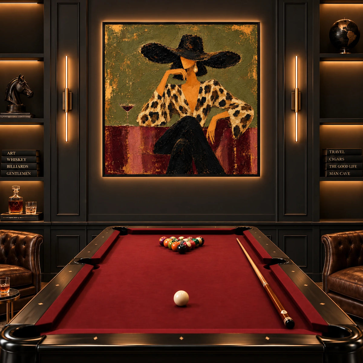 Leopard Reverie artwork displayed above a pool table in a dark paneled lounge.