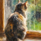 Window Whiskers full artwork. A fluffy cat sits on a wooden windowsill, watching soft greenery through rain-streaked glass.