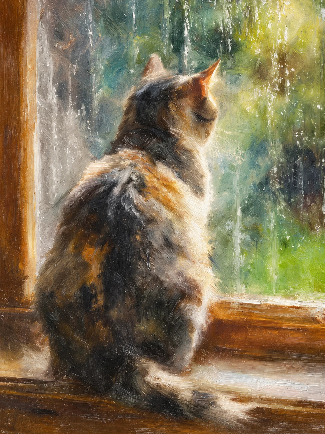 Window Whiskers full artwork. A fluffy cat sits on a wooden windowsill, watching soft greenery through rain-streaked glass.