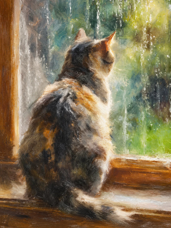 Window Whiskers full artwork. A fluffy cat sits on a wooden windowsill, watching soft greenery through rain-streaked glass.
