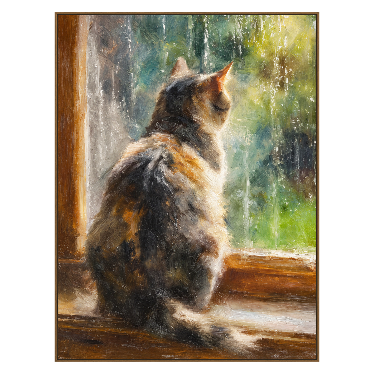 Window Whiskers artwork in a natural wood frame on a transparent background.