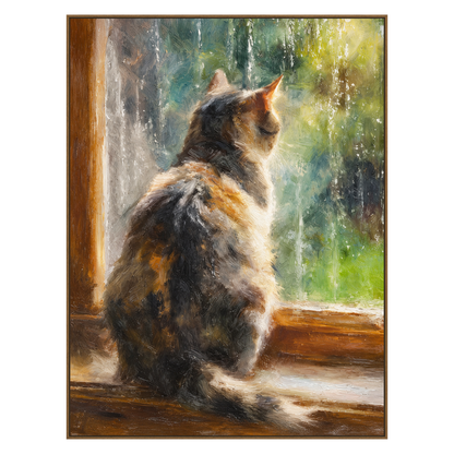 Window Whiskers artwork in a natural wood frame on a transparent background.