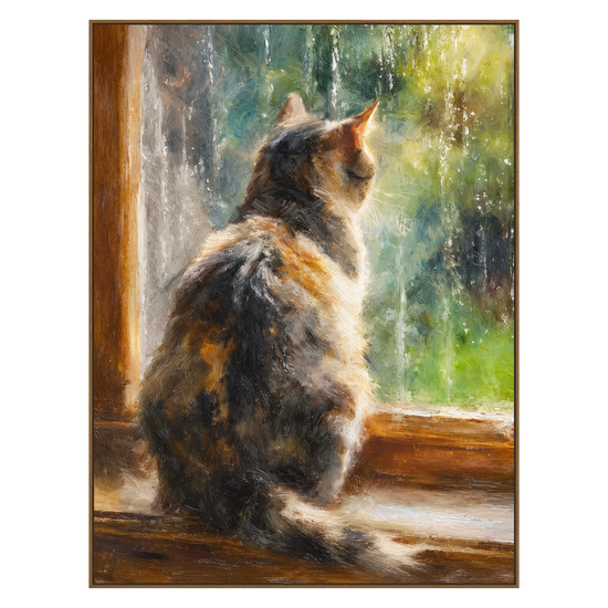 Window Whiskers artwork in a natural wood frame on a transparent background.