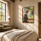 Window Whiskers artwork displayed above a bed with neutral linens.