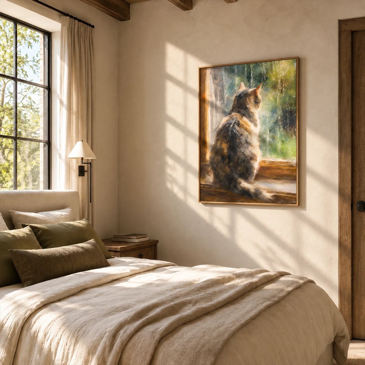 Window Whiskers artwork displayed above a bed with neutral linens.