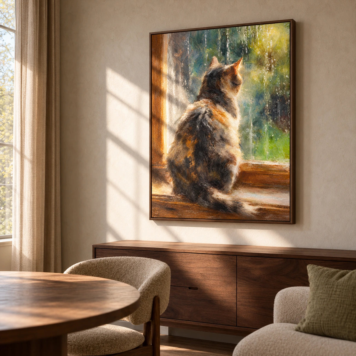 Window Whiskers artwork displayed above a wood sideboard beside a round dining table.