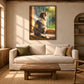 Window Whiskers artwork displayed above a cream sofa and wood coffee table.