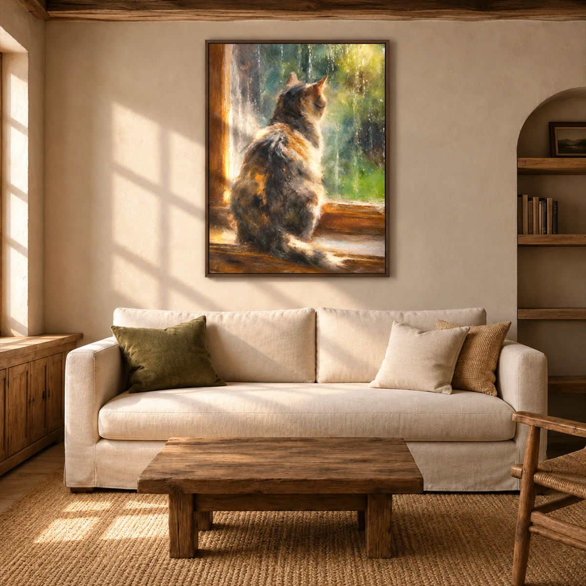 Window Whiskers artwork displayed above a cream sofa and wood coffee table.