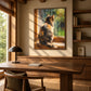 Window Whiskers artwork displayed above a wood desk beside bookshelves.