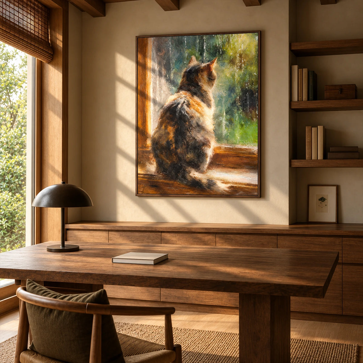 Window Whiskers artwork displayed above a wood desk beside bookshelves.