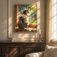 Window Whiskers artwork displayed above a dark cabinet beside a bright window.