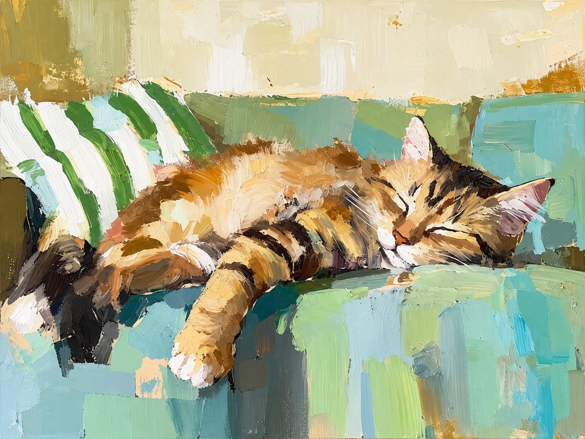 Sofa Slumber full artwork. A tabby cat stretches across a turquoise sofa beside a green-striped cushion.