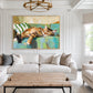Sofa Slumber artwork displayed above a pale sofa and wood coffee table.
