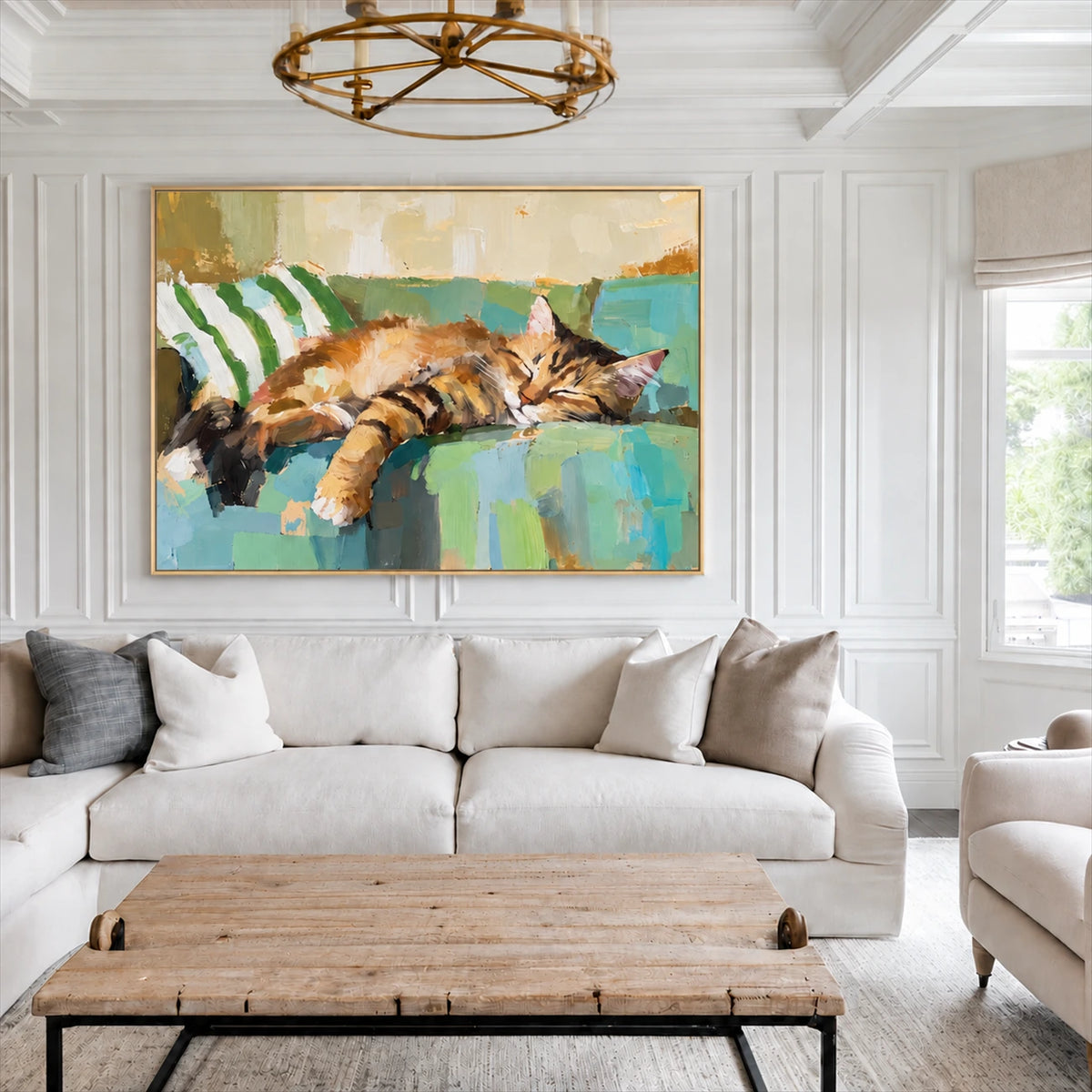 Sofa Slumber artwork displayed above a pale sofa and wood coffee table.