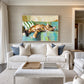 Sofa Slumber artwork displayed above a white sofa with blue cushions.