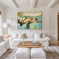 Sofa Slumber artwork displayed above a white sofa in a paneled living room.