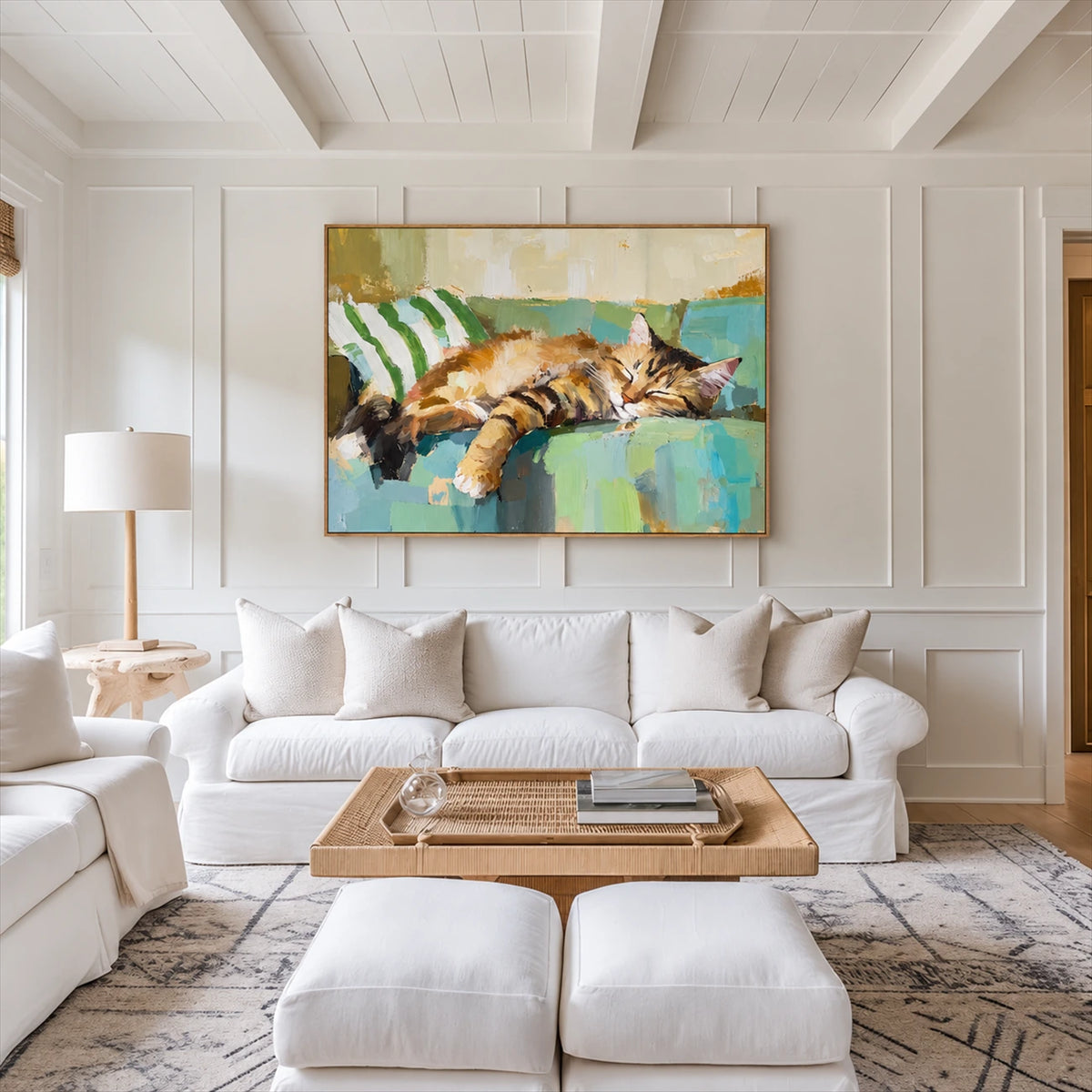 Sofa Slumber artwork displayed above a white sofa in a paneled living room.