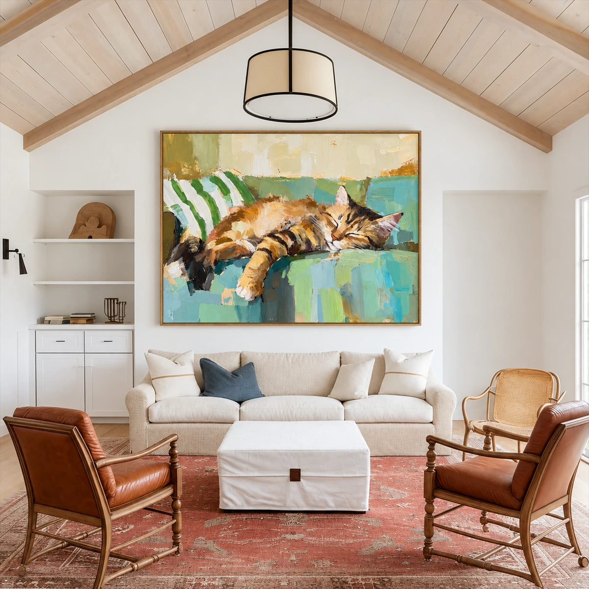 Sofa Slumber artwork displayed above a sofa beneath a vaulted wood ceiling.