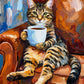 Tabby Espresso full artwork. A wide-eyed tabby lounges in a warm leather armchair, holding an oversized pale blue coffee cup.