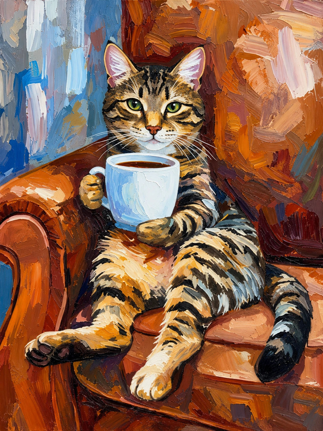 Tabby Espresso full artwork. A wide-eyed tabby lounges in a warm leather armchair, holding an oversized pale blue coffee cup.